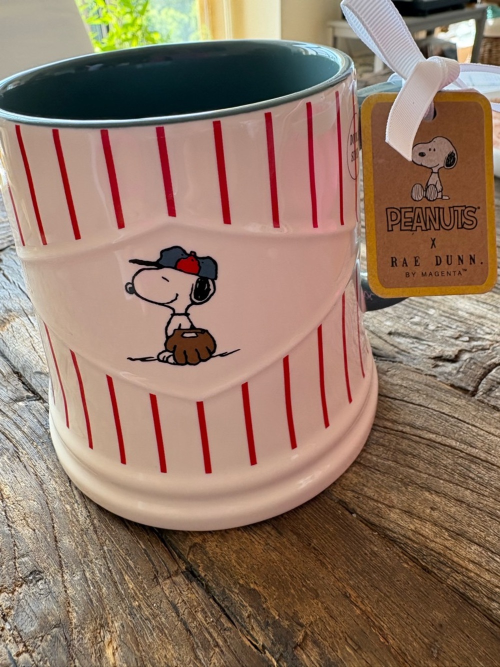 "play ball " Snoopy Rae Dunn Mug with red stripes